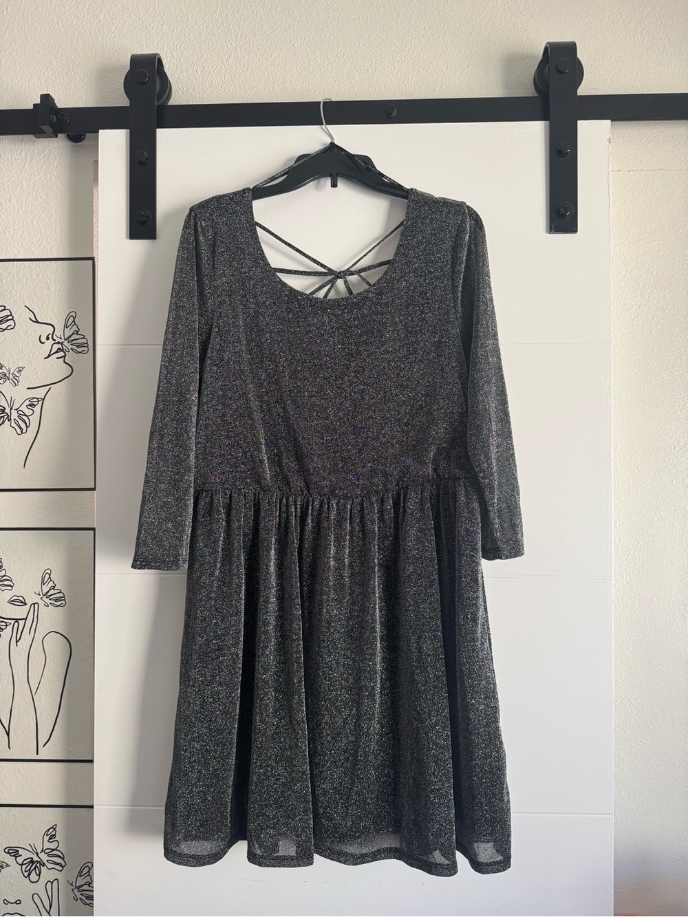 Forever 21 Black Sparkle Long-Sleeve Fit & Flare Dress